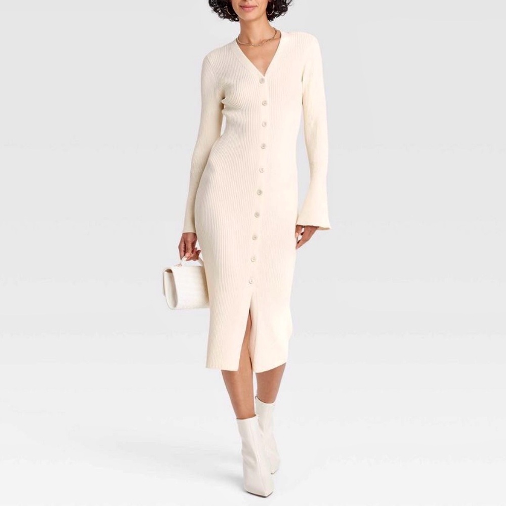 A NEW DAY Ribbed Bell Sleeve V-Neck Cream White Button Front Midi Dress XL